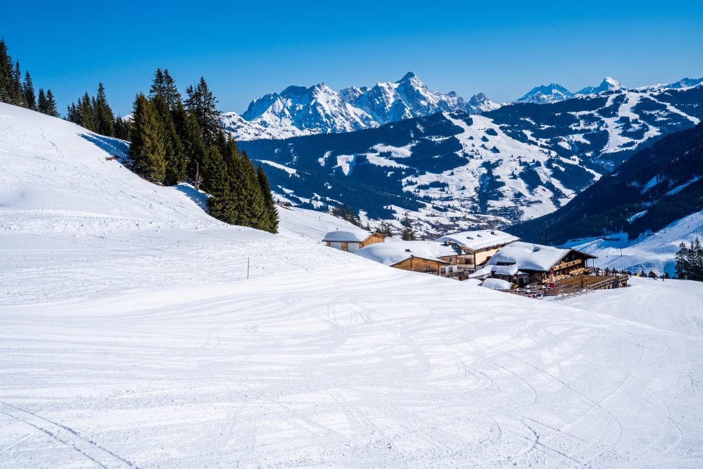 A breathtaking view of forested mountains covered in snow at daytime