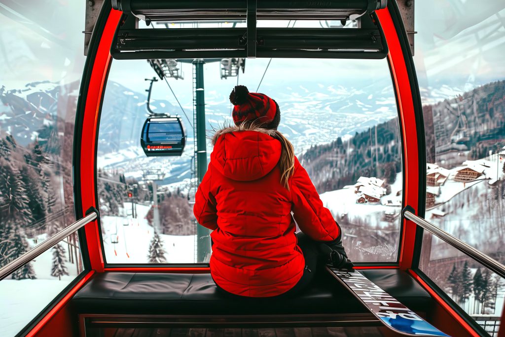 Stock photo of a woman holding her board wearing black snow pants sitting on a bench in one of the gondolas in Pr viege wearing a red jacket with a leather hood. The ski resort has tall glass windows. In front there is a view of the valley below, and in the back there is another ski lift with black seats, --ar 3:2 --style raw --stylize 50